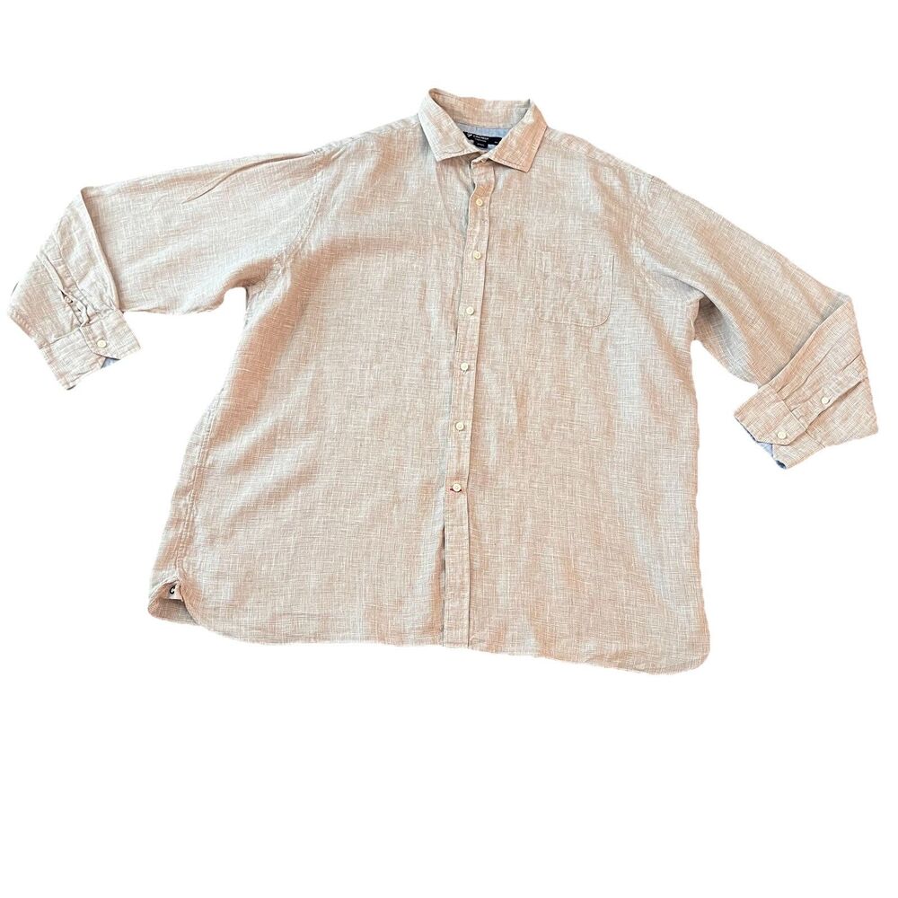 Cremieux Men’s Button Up Shirt XXL 100% Linen Plaid Shoulder Patch